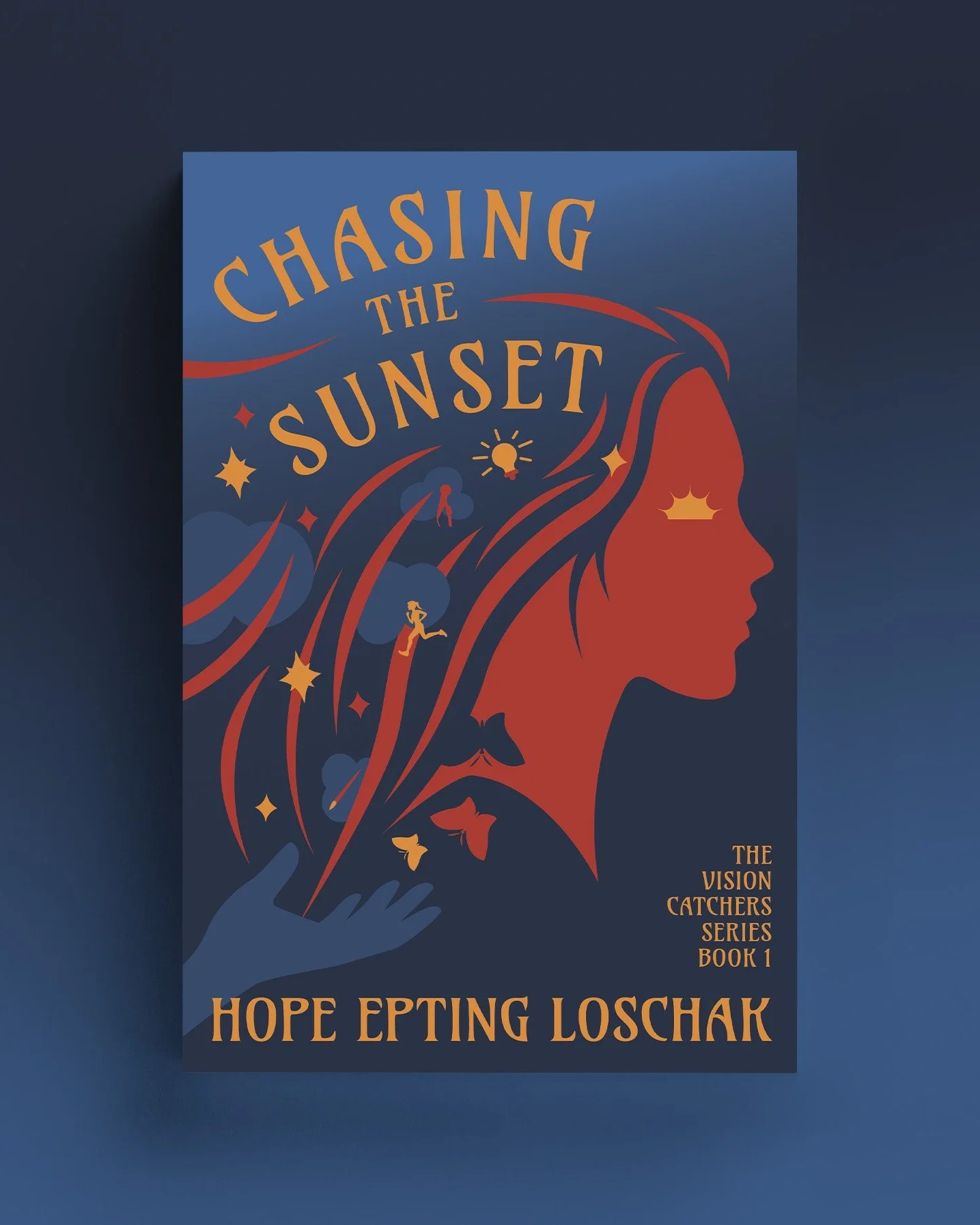 Chasing the Sunset book cover design by Rachel Kelli for Hope Epting Loschak — Vision Catchers Series Book 1, illustrated woman silhouette with stars and flowing hair