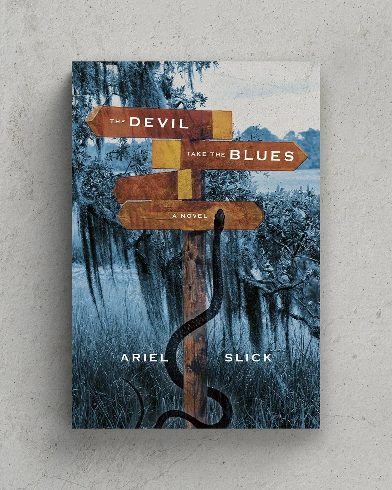 The Devil Take the Blues book cover design by Rachel Kelli for Hell or Highwater — Southern gothic novel by Ariel Slick featuring road sign in bayou landscape