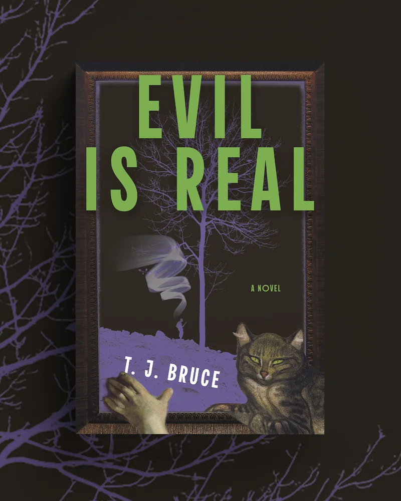 Evil Is Real thriller book cover design by Rachel Kelli — dark atmospheric typography on moody textured background