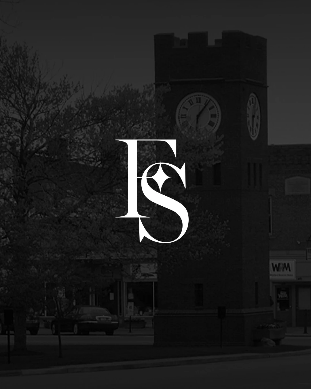 Favorite Sister FS monogram over a photo of the Hudson, Ohio clock tower