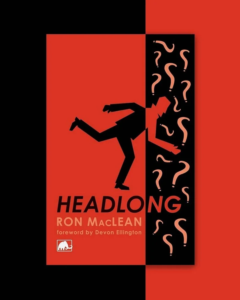 Headlong book cover design by Rachel Kelli for C&R Press — bold red and black split graphic composition, novel by Ron MacLean