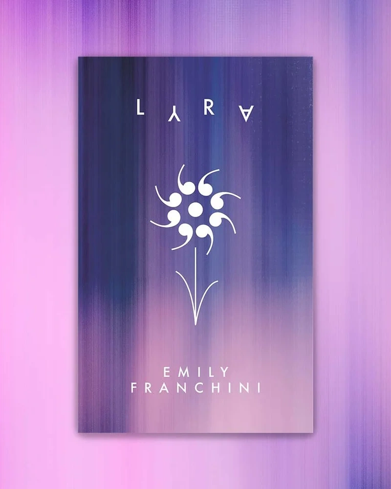 Lyra book cover design by Rachel Kelli for Emily Franchini — purple aurora gradient with typographic flower made from comma punctuation marks