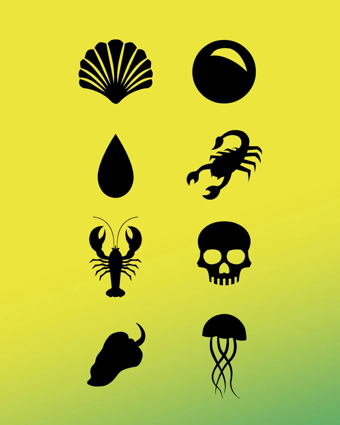 Out of Aztlan Interior Ornaments by Rachel Kelli for Creature Publishing — shell, moon, water drop, scorpion, crayfish, skull, and jellyfish icon set