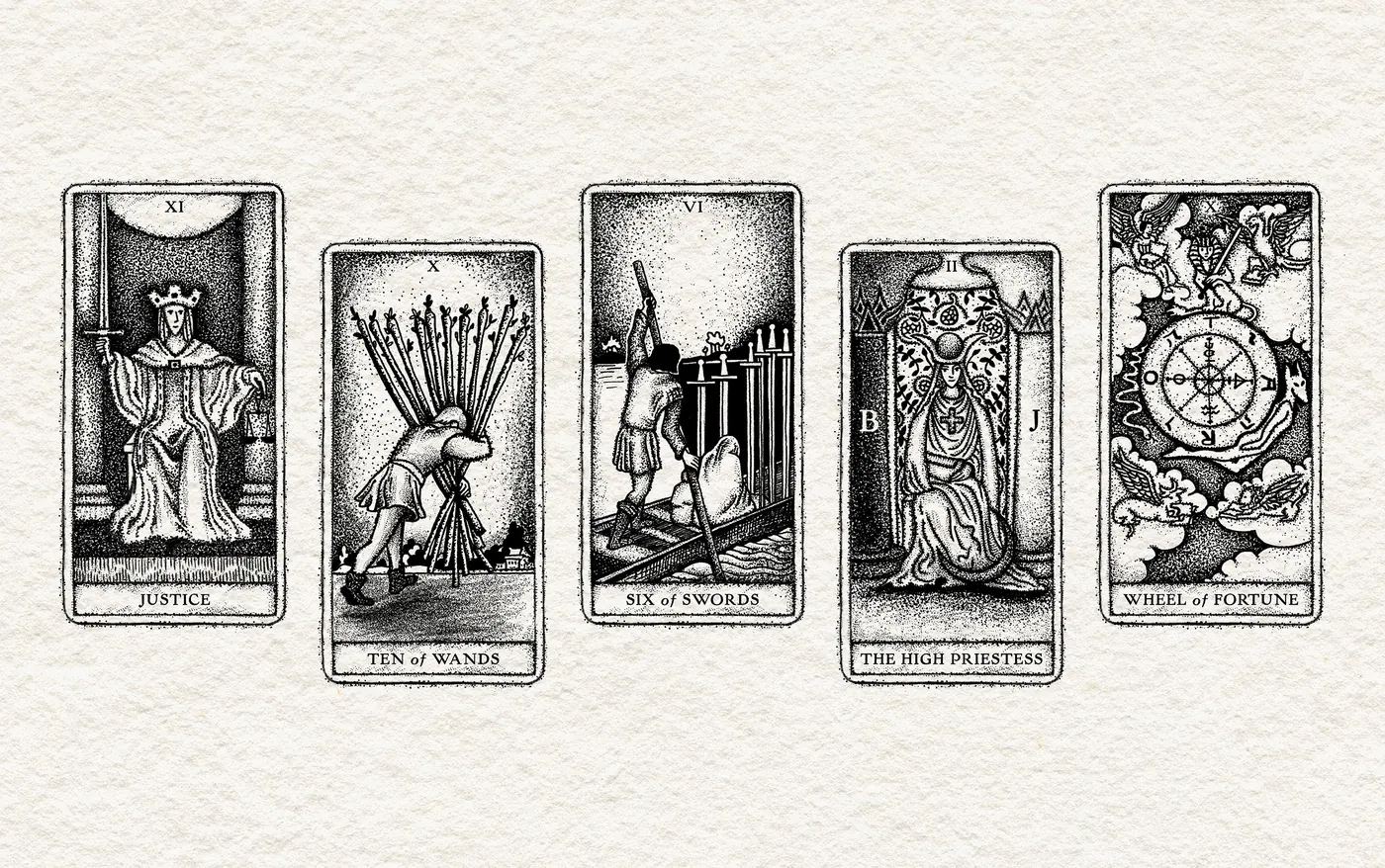 Tarot Spot Illustrations, Trading Cards, and Bookmark by Rachel Kelli — Justice, Ten of Wands, Six of Swords, The High Priestess, and Wheel of Fortune tarot card illustrations