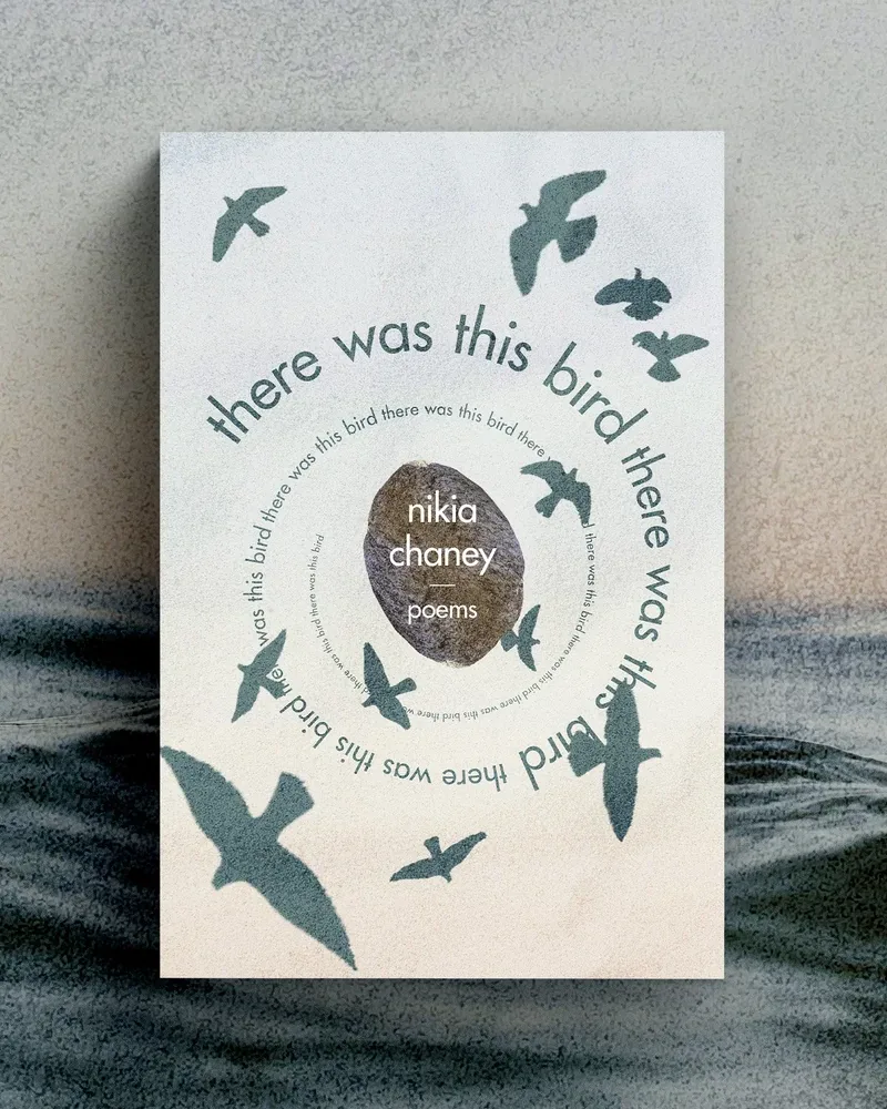 There Was This Bird poetry book cover design by Rachel Kelli for Poetry Northwest — circular typographic spiral with birds in flight, poems by Nikia Chaney