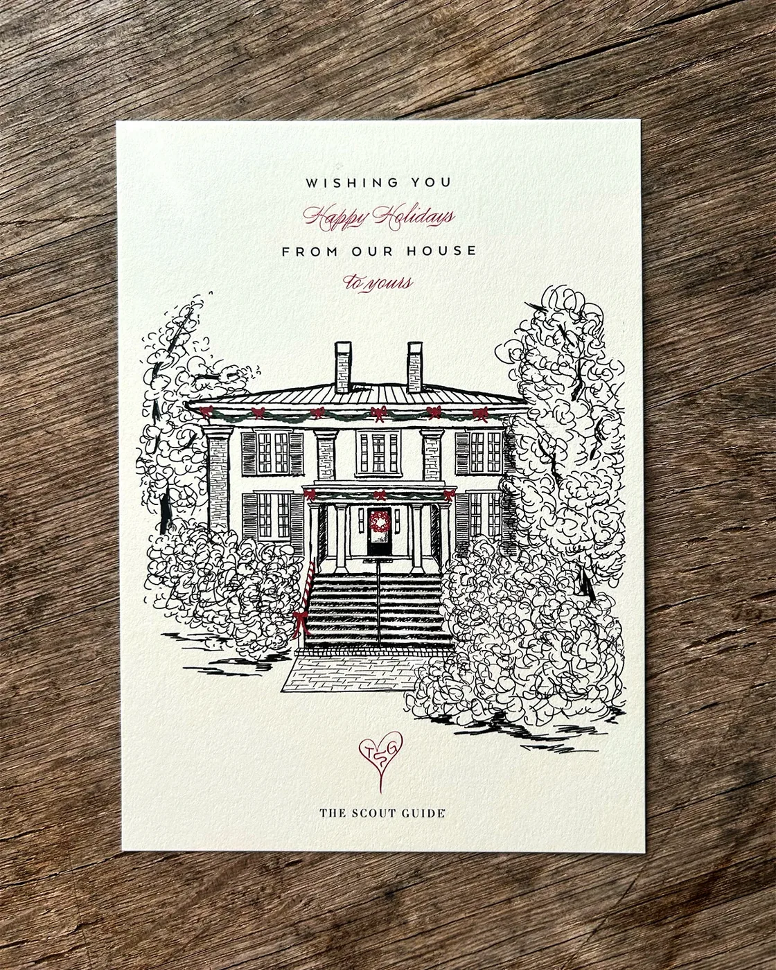 TSG Holiday Card illustration by Rachel Kelli for The Scout Guide — hand-drawn ink illustration of the Scout House with holiday wreath and garland
