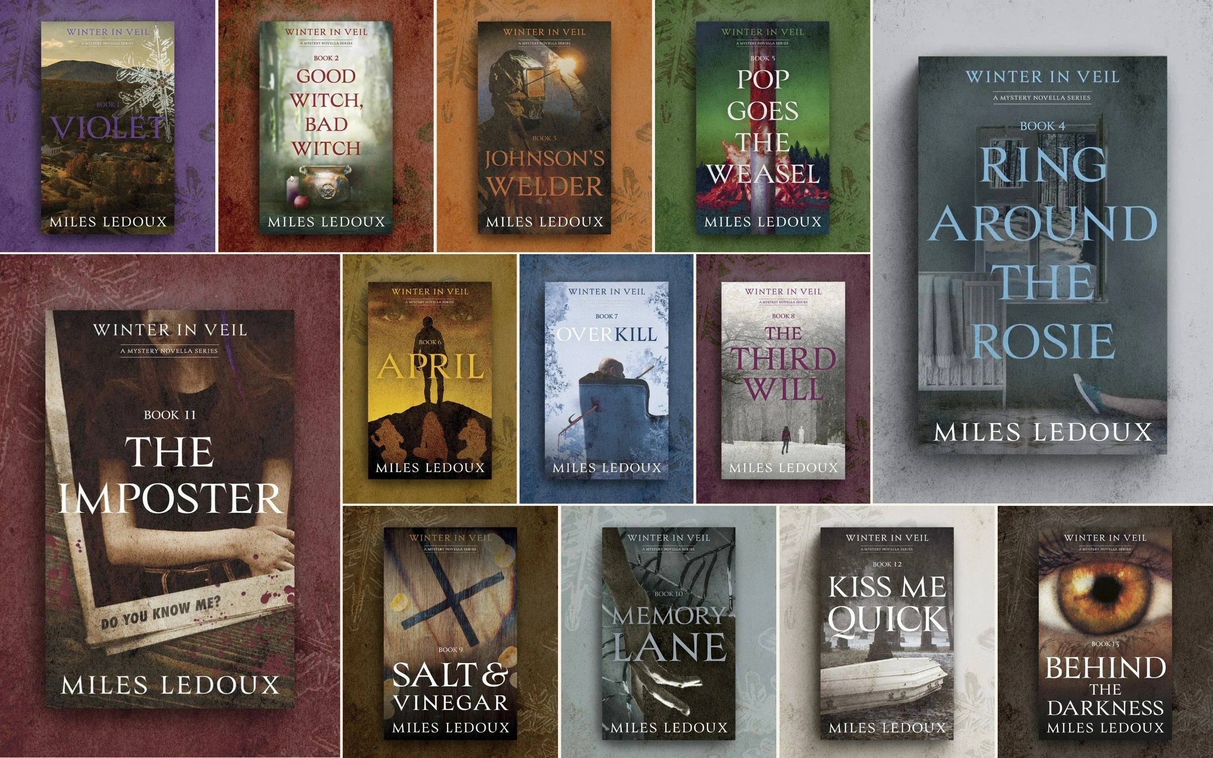 Winter in Veil mystery novella series — all 13 book covers designed by Rachel Kelli for Miles Ledoux